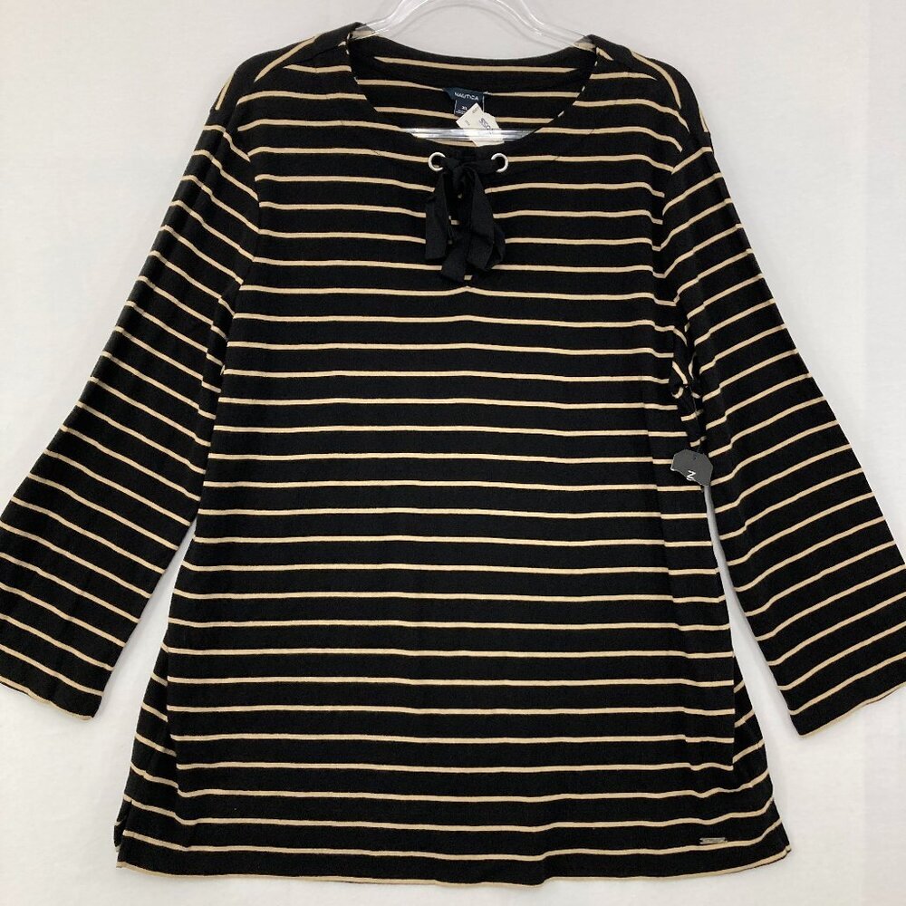 New Nautica Women's XL Black Tan Striped Cotton Tie Front Stretch Casual Top‎
